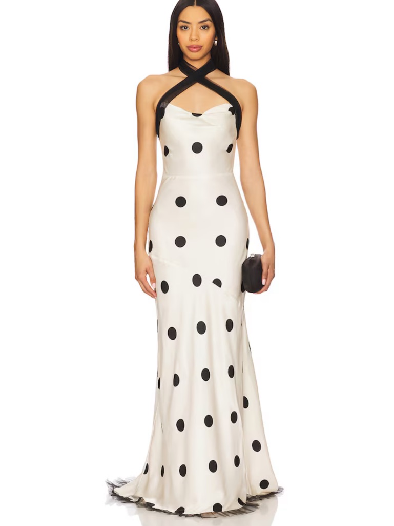 For Love And Lemons Polka Dot Halter Evening Gown